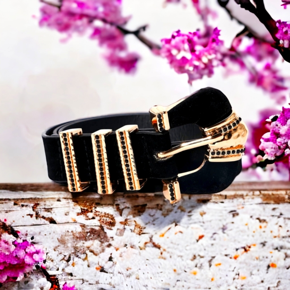 Ladies Beautiful Black Crown Jewel Buckle Head Belt